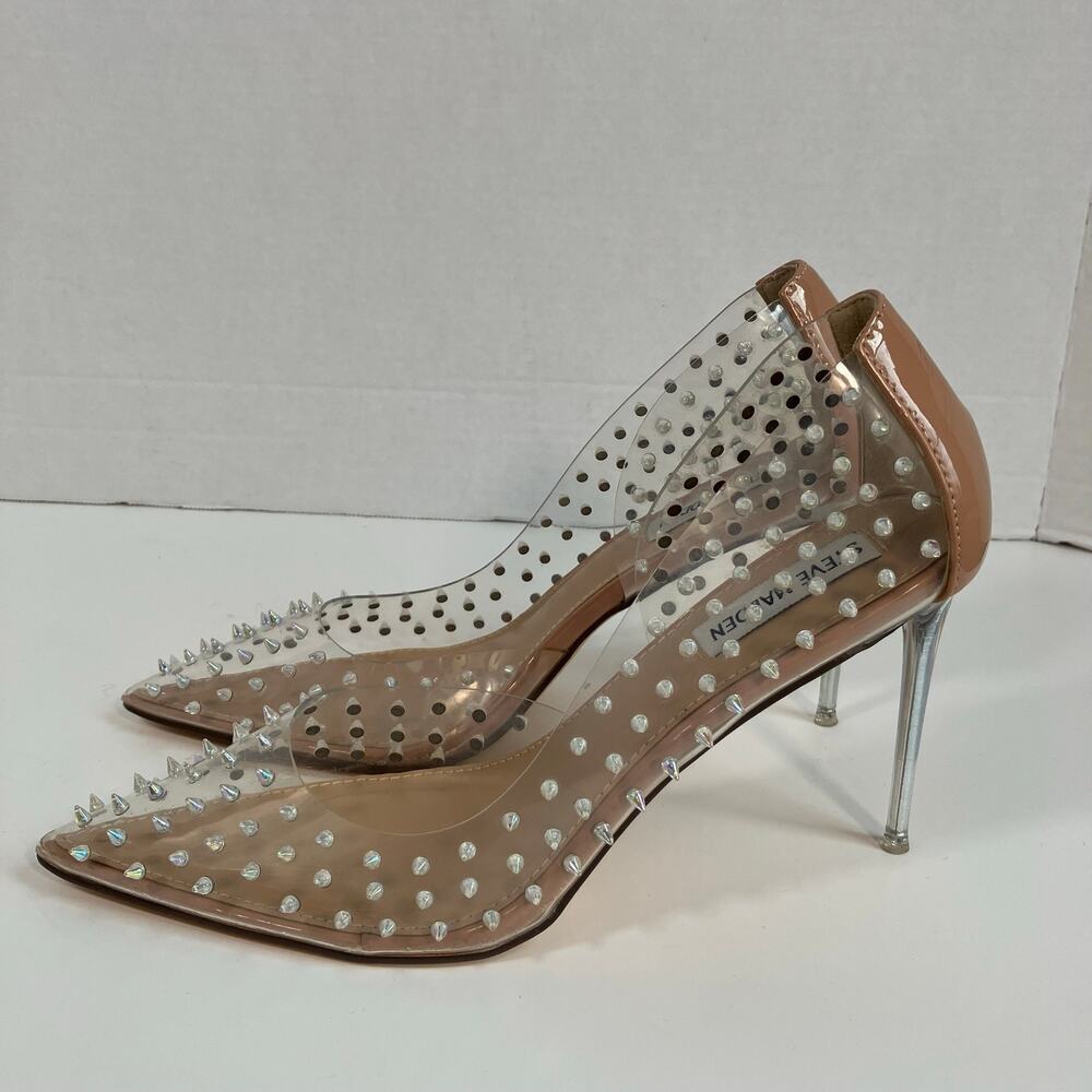 Steve Madden Sz 8 Tolima Clear Nude Spike Heels Pointed Toe Stiletto Power Heels
